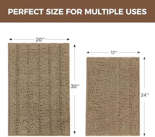 Bcoimo Bath Rug Mat Sets,2 Piece Extra Soft Chenille Tan Bathroom Mat Set
