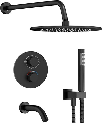 Gabrylly 10" Thermostatic Shower Faucets Set with Tub Spout, Matte Black | All Metal Shower System, Rain Shower Head with Handheld Spray Combo, Luxury Bathroom Rainfall Shower Head Set With Valve