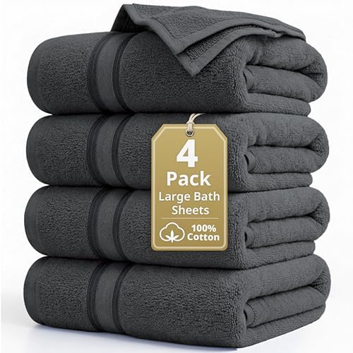 LANE LINEN Oversized Bath Sheets Set Absorbent Quick Dry 4 Pack - Cool Grey