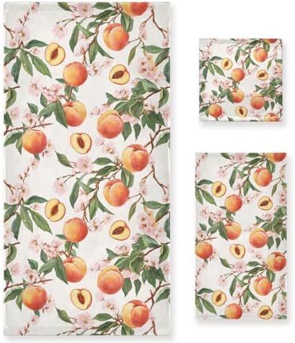 Naanle Tropical Fruits Peach Soft Decor 3 Pcs Towels Set, 1 Bath Towel+1 Hand Towel+1 Washcloth, Multipurpose for Bathroom, Hotel, Gym, Spa and Beach