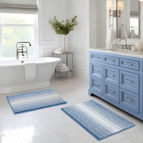 BSICPRO Bathroom Rugs Sets 2 Piece, Non Slip Striped Bath Mats, Sky Blue