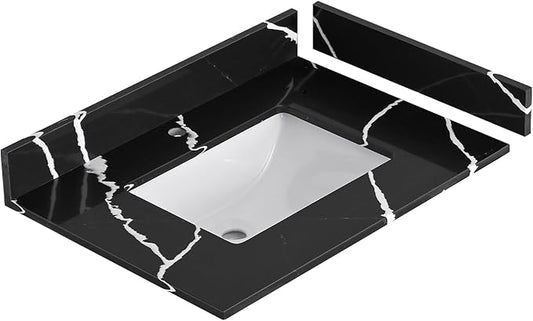 30 in. W x 22 in D Quartz Vanity Top in Black Marquina,with One Sidesplash & One Backsplash, Vanity Sink Top with Assembled Single Drop-in Sink, Pre-Drilled Single Faucet Hole Countertop