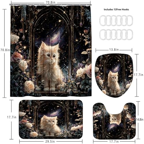 4Pcs Cat Milky Way Shower Curtain Sets with Non-Slip Rugs,Toilet Lid Cover and Bath Mat,Rose Castle Pattern Home Bathroom Decor Set Accessories Waterproof Shower Curtains with 12 Hooks,72 x 72 Inch