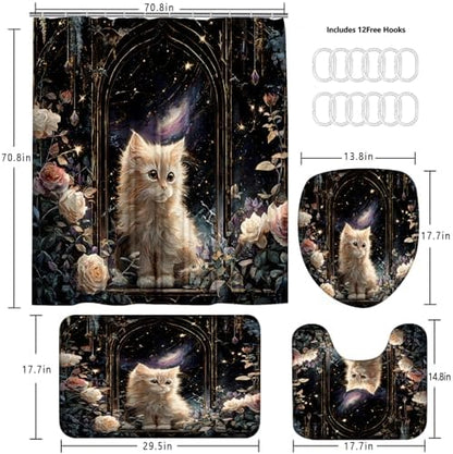 4Pcs Cat Milky Way Shower Curtain Sets with Non-Slip Rugs,Toilet Lid Cover and Bath Mat,Rose Castle Pattern Home Bathroom Decor Set Accessories Waterproof Shower Curtains with 12 Hooks,72 x 72 Inch