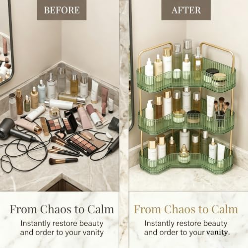 3-Tier Corner Bathroom Organizer, Skincare Vanity Counter Shelf Green
