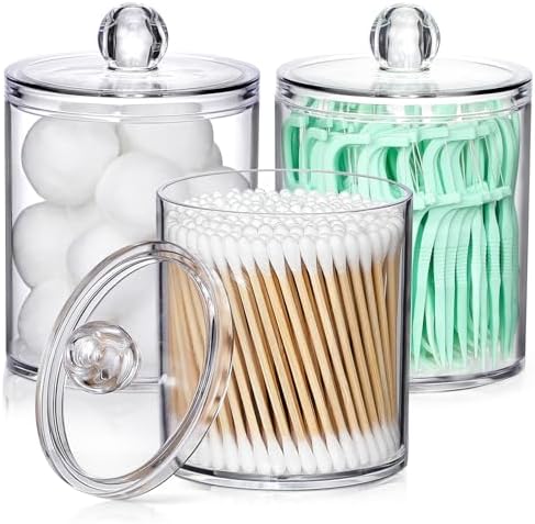 3 Pack Acrylic Qtip Holder Dispenser for Cotton Swabs, Balls, Floss Picks