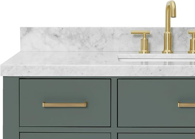 Isabella 48-inch Vintage Green Bathroom Vanity with Center Rectangle Single Sink, Italian Carrara Marble Countertop & Backsplash, Solid Wood Frame, Soft-Closing & Dovetail Drawers