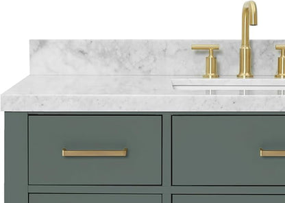 Isabella 48-inch Vintage Green Bathroom Vanity with Center Rectangle Single Sink, Italian Carrara Marble Countertop & Backsplash, Solid Wood Frame, Soft-Closing & Dovetail Drawers
