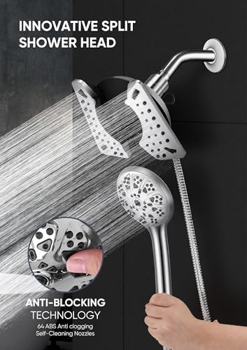 Shower Head with Handheld High Pressure, Rain Shower Head with Fixed Showerhead and 9 Sprays Handheld Shower, Detachable 2-IN-1 Shower head with 59" Rotatable Stainless Steel Hose (Chrome)