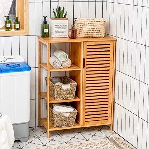 Tangkula Bamboo Bathroom Floor Cabinet, Storage Cabinet with Shutter Door and 3 Tier Shelves, Freestanding Bathroom Cabinet for Living Room Kitchen Hallway, Natural