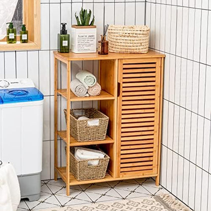 Tangkula Bamboo Bathroom Floor Cabinet, Storage Cabinet with Shutter Door and 3 Tier Shelves, Freestanding Bathroom Cabinet for Living Room Kitchen Hallway, Natural