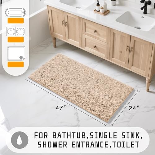 Yimobra Long Bathroom Rugs 47"x24", Extra Soft Non Slip Bath Mat for Tub, Super Absorbent Quick Dry Shaggy Rug Floor Carpet, Machine Washable,Beige