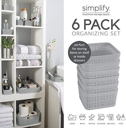 Simplify 6 Pack Organizing Set | Square Bins | Multipurpose | Office | Desk | Dorm | Bathroom | Storage Basket | Small Items | Accessories | Grey