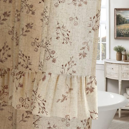 Brown Floral Farmhouse French Country Ruffle Linen Shower Curtain 72Wx72H