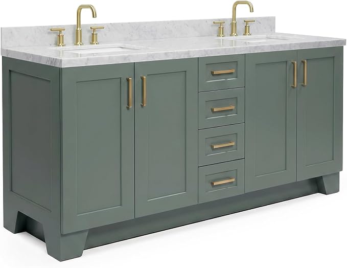ARIEL Taylor 72-inch Bathroom Vanity with Sink,Solid Wood, 1.5-inch Italian Carrara Marble Countertop, Double Rectangular Porcelain Sink, Soft Closing Doors, Dovetail Drawers, Vintage Green