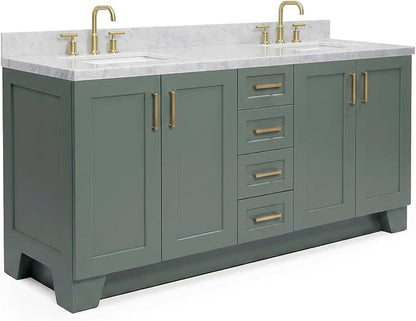 ARIEL Taylor 72-inch Bathroom Vanity with Sink,Solid Wood, 1.5-inch Italian Carrara Marble Countertop, Double Rectangular Porcelain Sink, Soft Closing Doors, Dovetail Drawers, Vintage Green