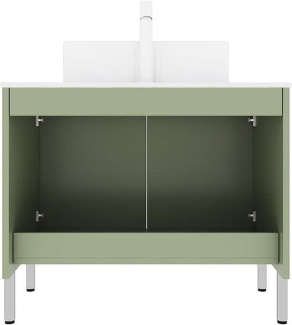 30" Bathroom Vanity with Sink, Modern Bathroom Storage Cabinet with Black Rectangular Ceramic Basin and Sintered Stone Countertop, Soft Closing Doors, Freestanding Bathroom Vanities, Green