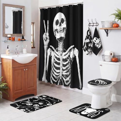 Honoson 8 Pcs Halloween Skeleton Bathroom Shower Curtain Set with Rugs, Skull Bath Decor with Non-Slip Floor Mat, Toilet Lid Cover, Ghost Bat Towels, Spooky Black White Bathroom Decor for Home