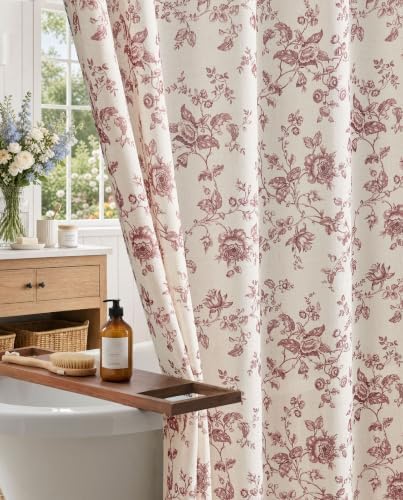 jinchan Linen Shower Curtain for Bathroom with 12 Hooks, Red, 70x72