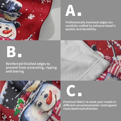 Red Christmas Hand Towels Set of 2, 28x14 Inch Winter Snowman Snow Xmas Absorbent Microfiber Soft Washcloths Guest Face Tea Towel for Kitchen Bathroom Home Hotel Gym Spa