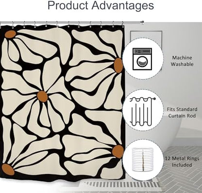 Matisse Flower Shower Curtain 60Wx72L Inch Abstract Retro Aesthetic Minimalist Modern Vintage Art 70s Modern Black Beige Bathroom Set Accessories Decor with 12 Pack Hooks
