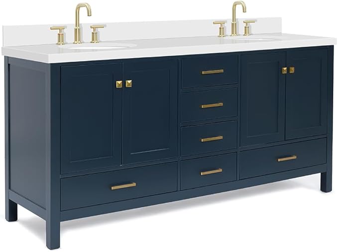 ARIEL Cambridge 72-inch Bathroom Vanity with Sink,Solid Wood, 1.5-inch Pure White Quartz Countertop & Backsplash, Double Oval Porcelain Sink, 4 Soft Closing Doors, 6 Dovetail Drawers, Midnight Blue
