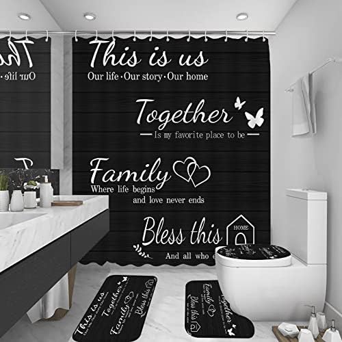 4Pcs Family Shower Curtain Sets with Non-Slip Rugs