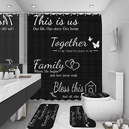 4Pcs Family Shower Curtain Sets with Non-Slip Rugs