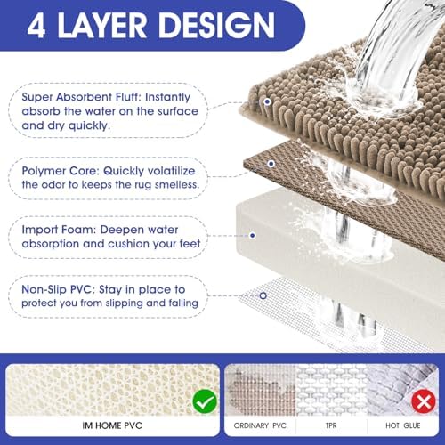 ACCUMTEK Striped Dark Beige Bathroom Rug Mat 24"x17" Ultra Soft, Non Slip Chenille Bath Rugs, Absorbent Plush Shaggy Bath Mats for Bathroom, Bedroom, Kitchen, Shower, Tub,Taupe