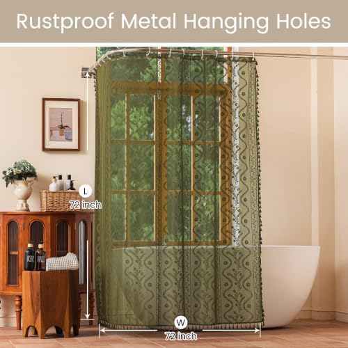 WAZZIO Olive Green Lace Shower Curtain for Bathroom 72" W x 72" L, Victorian Farmhouse Floral Pattern Tassel Fancy Shower Curtain Boho Washable Cloth Decorative Bath Curtains,1 Panel
