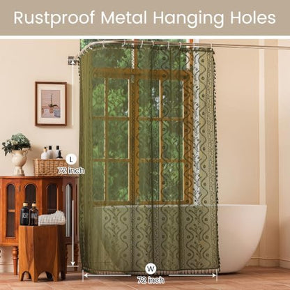 WAZZIO Olive Green Lace Shower Curtain for Bathroom 72" W x 72" L, Victorian Farmhouse Floral Pattern Tassel Fancy Shower Curtain Boho Washable Cloth Decorative Bath Curtains,1 Panel
