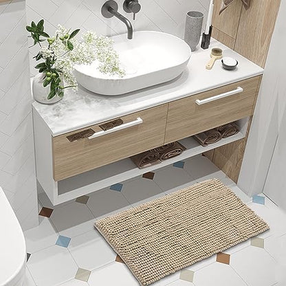 FRESHMINT Chenille Bath Rugs Extra Soft and Absorbent Microfiber Shag Rug, Non-Slip Runner Carpet for Tub Bathroom Shower Mat, Machine-Washable Durable Thick Area Rugs (Light Brown, 24" x 17")