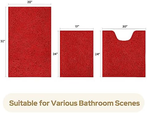 HOMEIDEAS Red Chenille Bathroom Rugs Set of 3, Non Slip Bath Mat