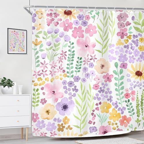 Pink Purple Cute Floral Boho Spring Kids Girls Bathroom Shower Curtain Set | 72"W x 72"H Wildflower Watercolor; waterproof HD print, quick-dry fabric with 12 hooks for easy hanging.
