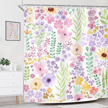 Pink Purple Cute Floral Boho Spring Kids Girls Bathroom Shower Curtain Set | 72"W x 72"H Wildflower Watercolor; waterproof HD print, quick-dry fabric with 12 hooks for easy hanging.
