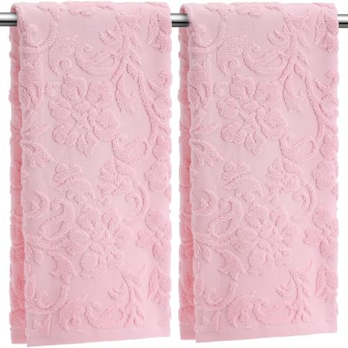 SmoothNovelty 2 Pcs Pink Floral Jacquard Hand Towels for Bathroom