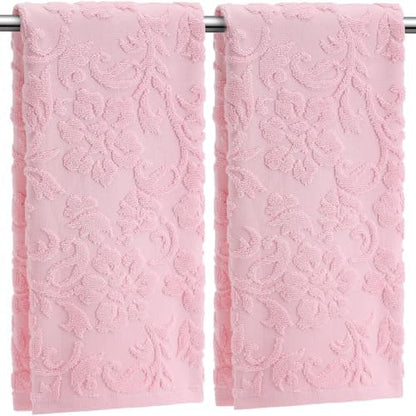 SmoothNovelty 2 Pcs Pink Floral Jacquard Hand Towels for Bathroom