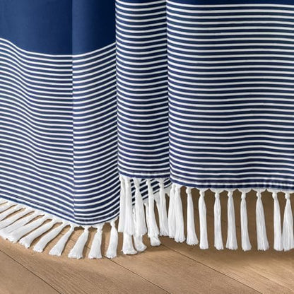 Navy Blue Coastal Ocean Cotton Striped Shower Curtain with Tassel 72W X 72L