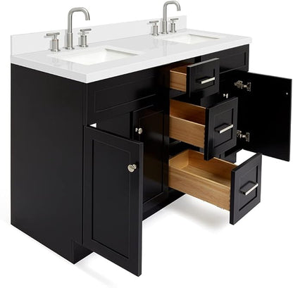 DKB Bradford 60" Double Black Bathroom Vanity with 1.5" Pure White Quartz Countertop, Rectangular Undermount Sinks, 2 Soft-Closing Doors, 3 Full Extension Dovetail Drawers