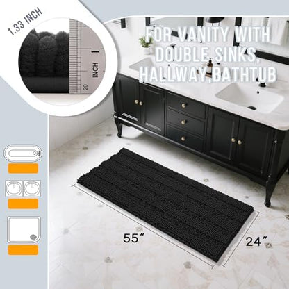 Yimobra Bathroom Runner Rugs 55"x24", Non Slip and Absorbent Bath Mat, Super Soft Water Absorbent Hallway Carpet, Machine Washable Rug for Vanity Tub Shower, Black