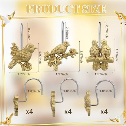 Amyhill 12 Pcs Bird Shower Curtain Hooks Antique Gold Birds Animal Decorative Hooks Rings Bulk Cute Hanger Stainless Steel Resin Nature Spring Themed Curtain Rings for Bathroom Bedroom Home Decor