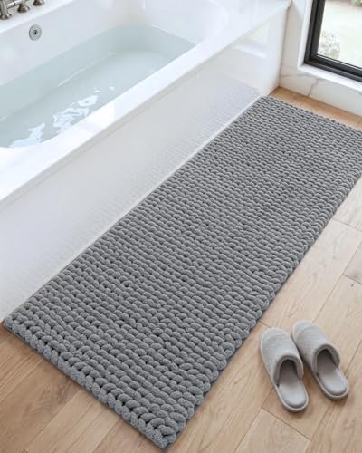 DEXI Bathroom Runner Rugs 60x24, Non Slip Chinelle Bath Mat, Grey