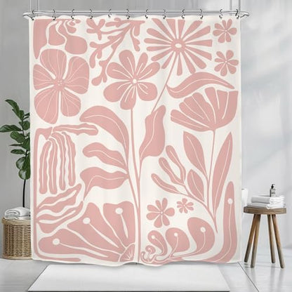 Pink Matisse Flower Shower Curtain 60Wx72L Inch Abstract Retro Aesthetic Minimalist Vintage Art 70s Trendy Modern Bathroom Set Accessories Decor with 12 Pack Hooks