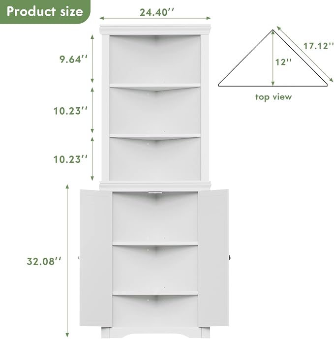 YESHOMY Corner Cabinet, Storage Cupboard with Doors, White | Tall Storage Cabinet with Adjustable Shelves, for Living Room, Bathroom, Kitchen