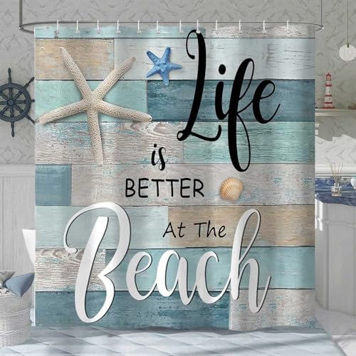 Beach Shower Curtain, Rustic Vintage Wood Ocean Quote Words Summer Fabric Decor Bath Curtain, Nautical Coastal Starfish Theme Bathroom Curtain Accessories with Hooks 47X64in