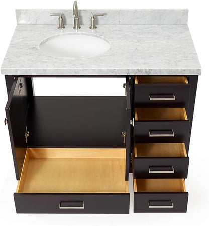 ARIEL Cambridge 42-inch Bathroom Vanity with Sink,Solid Wood, 1.5-inch Italian Carrara Marble Countertop & Backsplash, Single Oval Porcelain Sink, 2 Soft Closing Doors, 5 Dovetail Drawers, Espresso