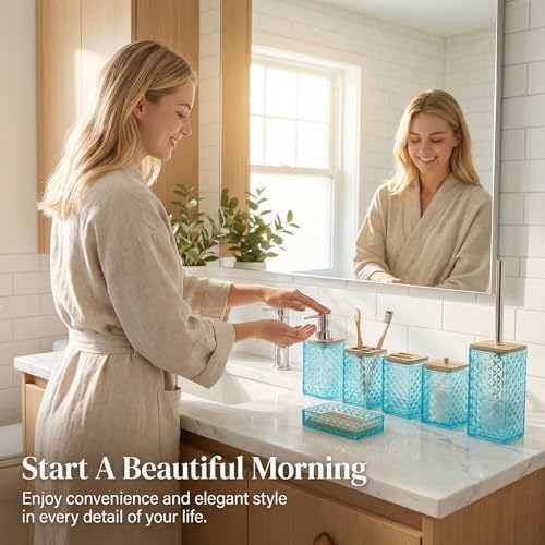 Light Blue Bathroom Accessory Set, 6 PCS Light Blue Bathroom Accessories Set, Soap Dispenser, Toothbrush Holder, Soap Dish, Mouthwash Cup, Cotton Swab Holder and Toilet Brush, Acrylic