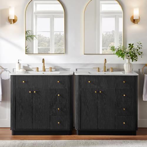 T4TREAM 72" Fluted Bathroom Vanity with 2 Single Sinks, Black Oak