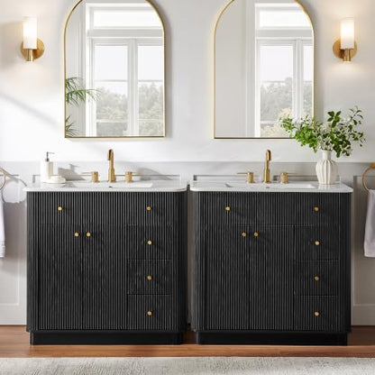 T4TREAM 72" Fluted Bathroom Vanity with 2 Single Sinks, Black Oak