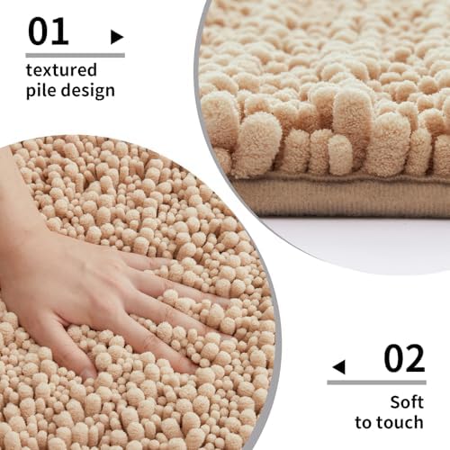 Disolla Beige Bathroom Rug 24x44 Inch - Thick Chenille Bath Mat, Large Shaggy Plush Absorbent Rug, Non-Slip Machine Washable Floor Mat for Double Vanity